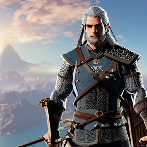 Prompt: Henry Cavill, Geralt of Rivia in The Legend of Zelda Breath of the Wild