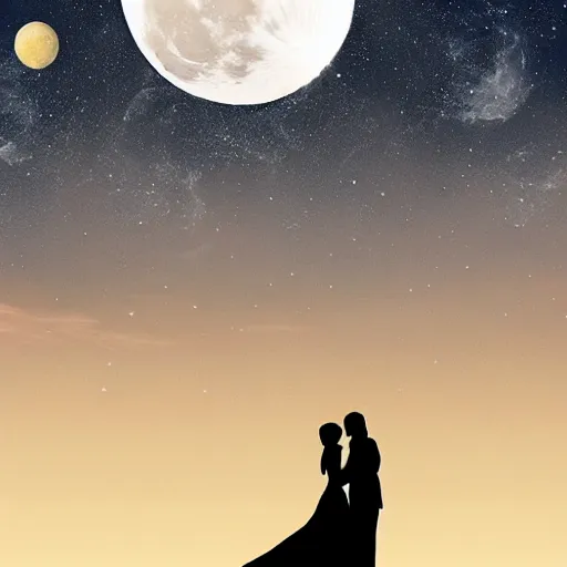 Prompt: the background is a huge moon. in the night environment, a man jumps into the air with a woman in his arms. in the middle of the moon are very little two figures in black silhouettes.