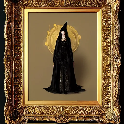 Prompt: portrait of a witch, dressed in gold embroidered clothing, by greg rutkowski.