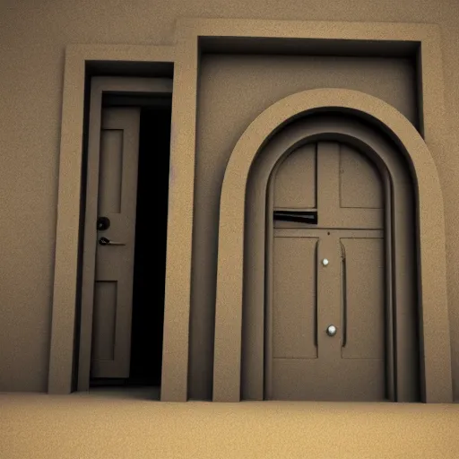 Image similar to photography, 3 d render, monster, door, sand