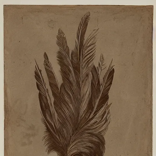 Image similar to an unknown ethnographic object, anthropology, feathers, in the style of corinthian capital by giocondo albertolli ( italian 1 7 4 2 - 1 8 3 9 ). medium : pen and brown ink, brush and gray wash on laid paper