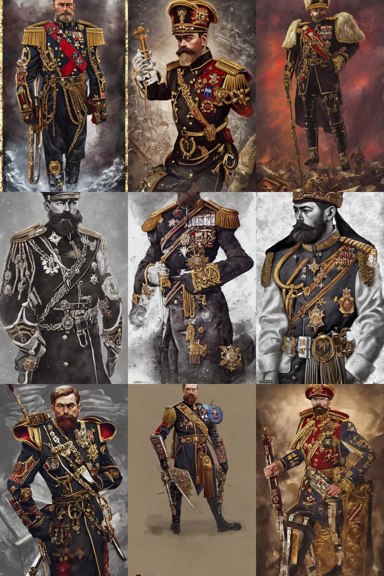 Image similar to Nicholas II of Russia, great emperor of Russian Empire, warhammer 40k , concept art, ornate, digital art, illustration, artstation, full body, muscular, brutal, virile, masculine, military, warhammer chaos, fashwave