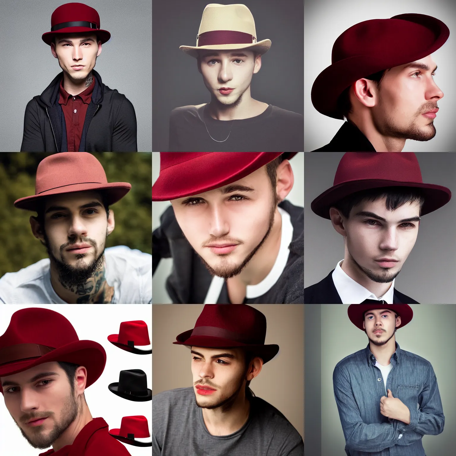 Prompt: young lean man slanted eyes dark red fedora hat smirk faint goatee square jawline