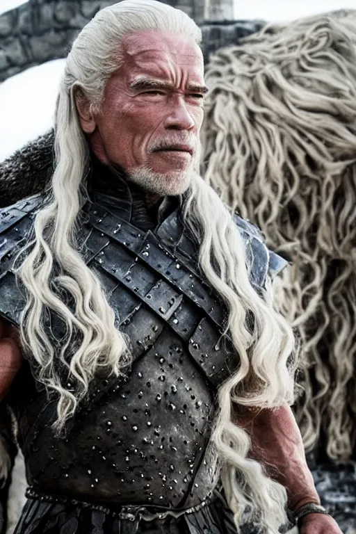 Image similar to still of arnold schwarzenegger as daenerys targaryen in game of thrones ( 2 0 1 1 ), promotional still