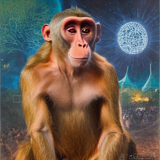 Image similar to A monkey at ozora festival by night, by Heather Theurer