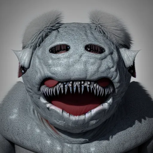 Image similar to cute chthonic fluffy monster by Giger, vray render, 50mm lens, bottom angle