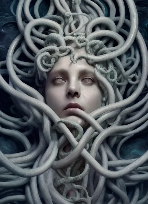 Image similar to medusa made of soft white wax, wooden art nouveau swirls, strong subsurface scattering, cables, tubes, subsurface scattering, in the style of ruan jia and beeple and giger, subsurface scattering, mystical colors, soft look, rim light, dramatic lighting, 8 k, stunning scene, raytracing, octane render, trending on artstation