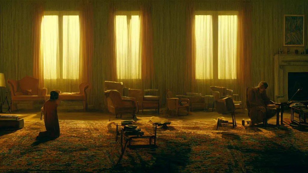 Prompt: the giant hand made of wax waits in the living room, film still from the movie directed by Wes Anderson with art direction by Zdzisław Beksiński, golden hour wide lens