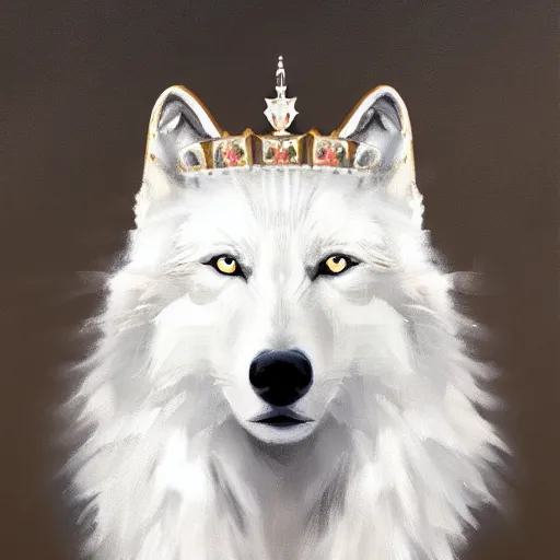 Image similar to A portrait of a white wolf wearing a crown, oil painting, award winning masterpiece, artstation