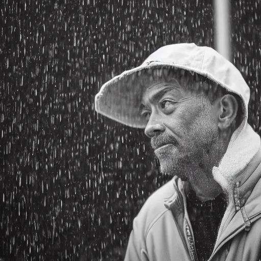 Image similar to closeup portrait of a man fishing in a rainy new york street, photography, natural light, ƒ1.8, 35mm