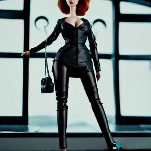 Image similar to amazing beautiful Christina Hendricks barbie doll wearing leather in the living room, film still from the movie directed by Denis Villeneuve , wide lens