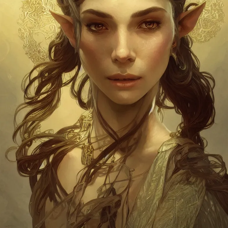 Image similar to portrait of an elf queen, D&D, fantasy, highly detailed, digital painting, artstation, concept art, smooth, sharp focus, illustration, art by greg rutkowski and alphonse mucha