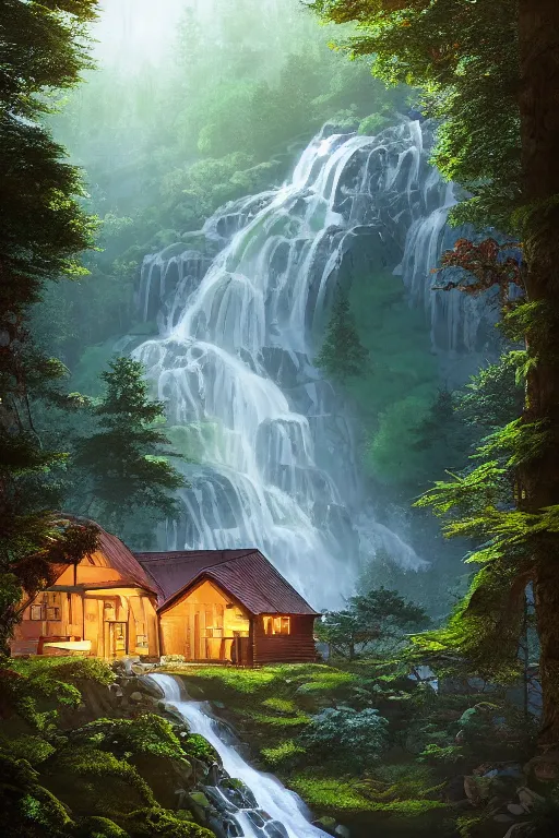 Image similar to scandinavian house in the forest on a hill, pixar, vector style, waterfall flows down from the mountain, vector art, fabulous, global illumination, warm lighting, by jordan grimmer