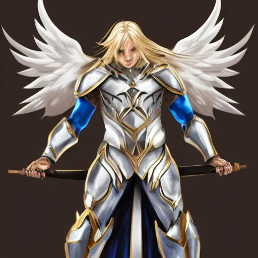 Prompt: Male Angelic being with long blonde hair and blue eyes with white and gold armor, ultra detailed, artstation, 8k, photorealistic, digital art.