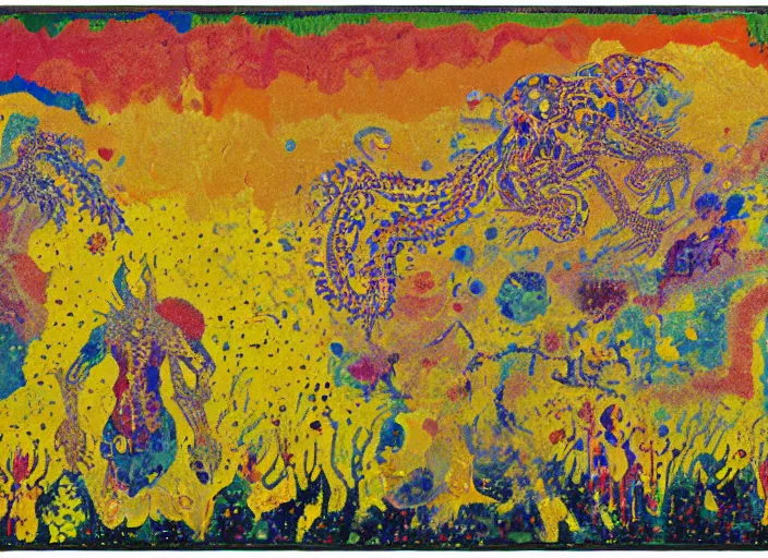 Prompt: expressionistic pixelated decollage painting golden armor alien zombie horseman riding on a crystal bone dragon broken rainbow diamond maggot horse in a blossoming meadow full of colorful mushrooms and golden foil toad blobs in a golden sunset, distant forest horizon, painted by Mark Rothko, Helen Frankenthaler, Danny Fox and Hilma af Klint, pixel, mosaic, semiabstract, color field painting, byzantine art, no anti aliasing, compression artifacts, pop art look, naive, outsider art. Barnett Newman painting, part by Philip Guston and Frank Stella art by Adrian Ghenie, 8k, extreme detail, intricate detail, masterpiece