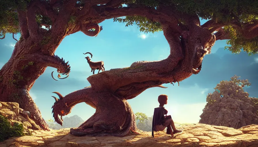 Image similar to very very small robotic goat, sitting on a gigantic dragon tree in socotra island by ilya kuvshinov, rtx rendering, octane render 1 2 8 k, maya, extreme high intricate details by tom bagshaw, medium shot, close up shot, composition by sana takeda, lighting by greg rutkowski