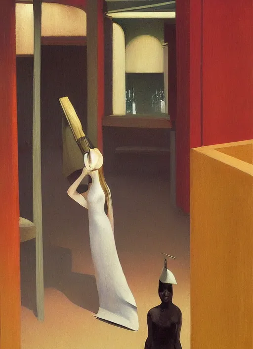 Image similar to women in paper bag over the head and a sward at catwalk restaurant Edward Hopper and James Gilleard, Zdzislaw Beksinski, highly detailed