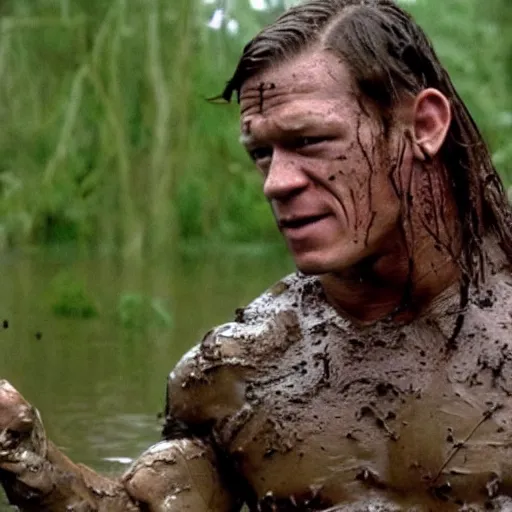 Image similar to film still of john cena as major dutch, covered in mud and hiding from the predator predator predator in swamp scene in 1 9 8 7 movie predator, hd, 4 k