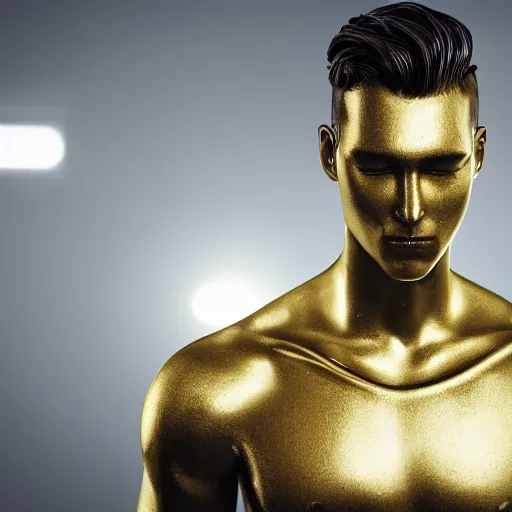 Image similar to a realistic detailed photo of a guy who is an attractive humanoid who is half robot and half humanoid, who is a male android, attractive and handsome soccer players, shiny skin, posing like a statue, blank stare, in a factory, on display, showing off his muscles, gold soccer shorts, side view, looking at each other mindlessly