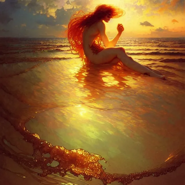 Image similar to ocean waves of glossy liquid honey drops flowing like translucent amber, lsd waves, lsd ripples, backlit, sunset, refracted lighting, art by collier, albert aublet, krenz cushart, artem demura, alphonse mucha