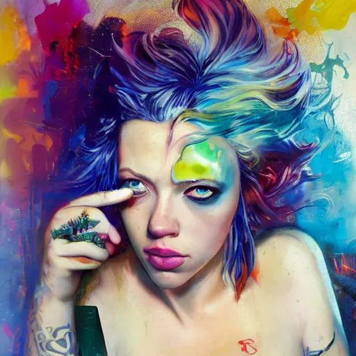 Image similar to drunken scarlett johansson as delirium from sandman, one green eye and one blue eye, hallucinating colorful soap bubbles, by jeremy mann, by sandra chevrier, by dave mckean and richard avedon and maciej kuciara, 1 9 8 0's, punk rock, tank girl, high detailed, 8 k