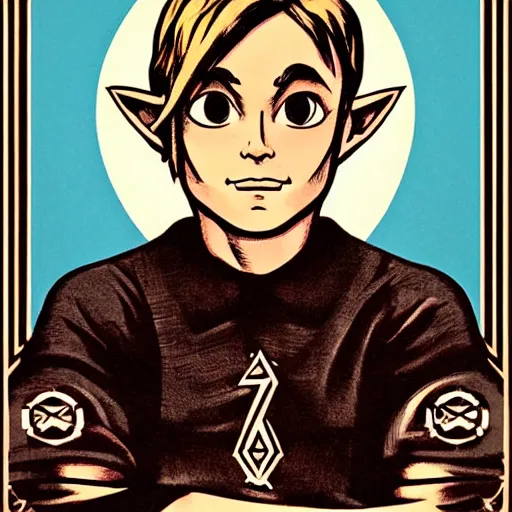 Prompt: Portrait of Link from Zelda by Shepard Fairey and Maurice Sendak