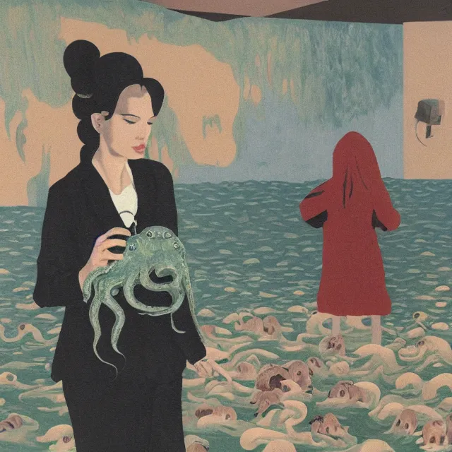 Image similar to tall female emo artist holding an octopus in a flooded cafe, octopus, water gushing from ceiling, painting of flood waters inside a cafe, a river flooding indoors, pomegranates, pigs, ikebana, water, octopus, river, rapids, waterfall, black swans, canoe, berries, acrylic on canvas, surrealist, by magritte and monet