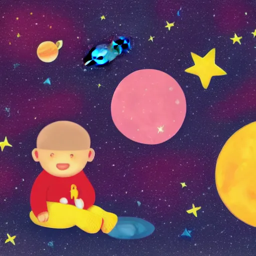 Image similar to lonley and gloomy baby in middle of space surrounded by colorful stars planets and galaxies, grainy design, high quality, 4 k, award winning