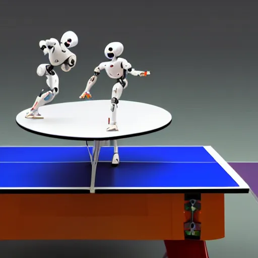 Prompt: two robots playing table tennis on a futuristic table tennis table, amazing detail, photorealistic