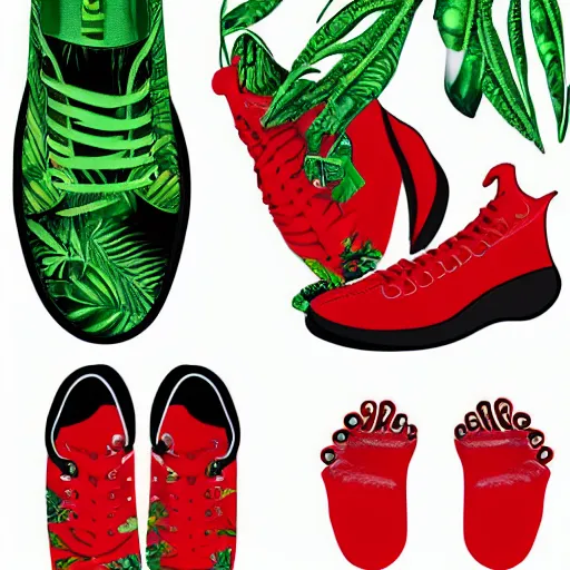 Image similar to green frog, red sneakers on each paw, tropical forest, photorealistic