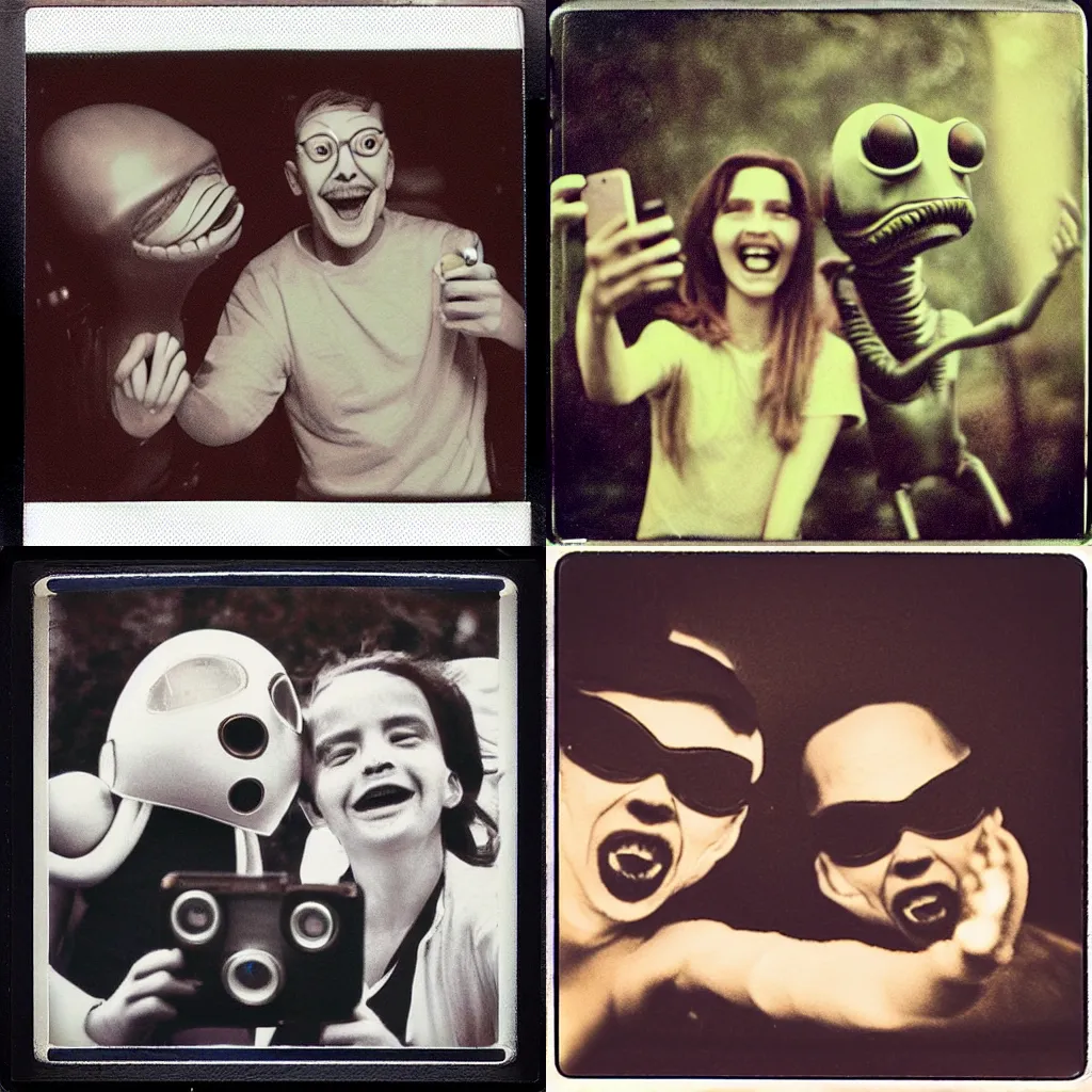 Prompt: two alien friends taking a selfie, polaroid vintage effect