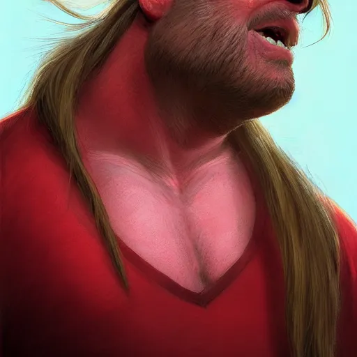 Image similar to portrait of a half fatman half pig with long hair tied in a ponytail, light stubble with red shirt ,digital art,photorealistoc,art by greg rutkowski,hyperdetailed,western comic style,comic,comic style,sharp lineart,professional lighting,deviantart,artstation,trevor henderson,rossdtaws,cinematic,dramatic