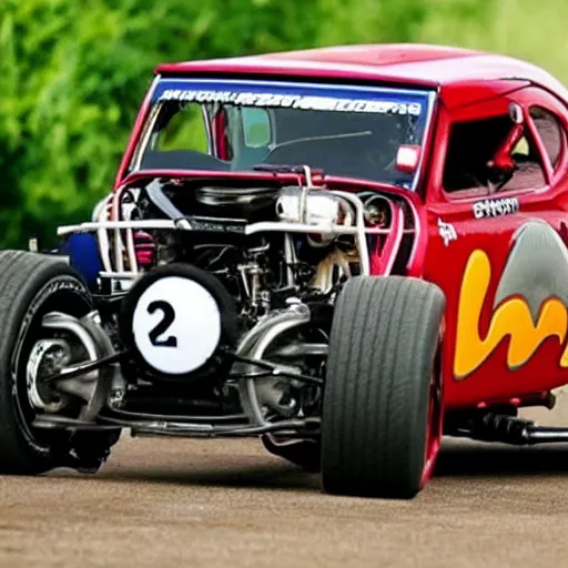 Prompt: a racing snail with a big v8 engine coming out of its shell, hot rod, big off road tyres