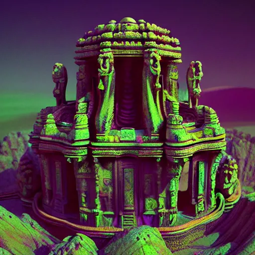 Image similar to ancient temple made of opal carved in opal, desolate and lush landscape, moody, :: by Jeff Koons, Dan McPharlin Daniel Merrian :: ornate, dynamic, particulate, rich colors, intricate, elegant, highly detailed, centered, artstation, smooth, sharp focus, octane render, 3d