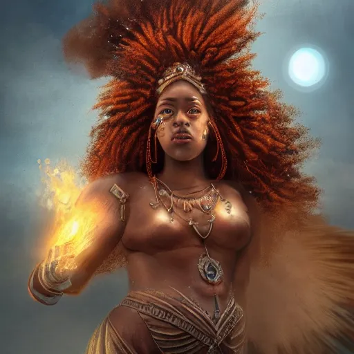 Prompt: a colossal goddess from above, creative, brown skin, giant, digital art, city, town, highly detailed, photo manipulation, up there, fire hair, digital painting, smoke, artstation