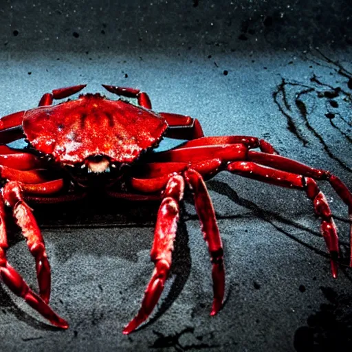 Image similar to big budget horror movie about a blood splattered crab