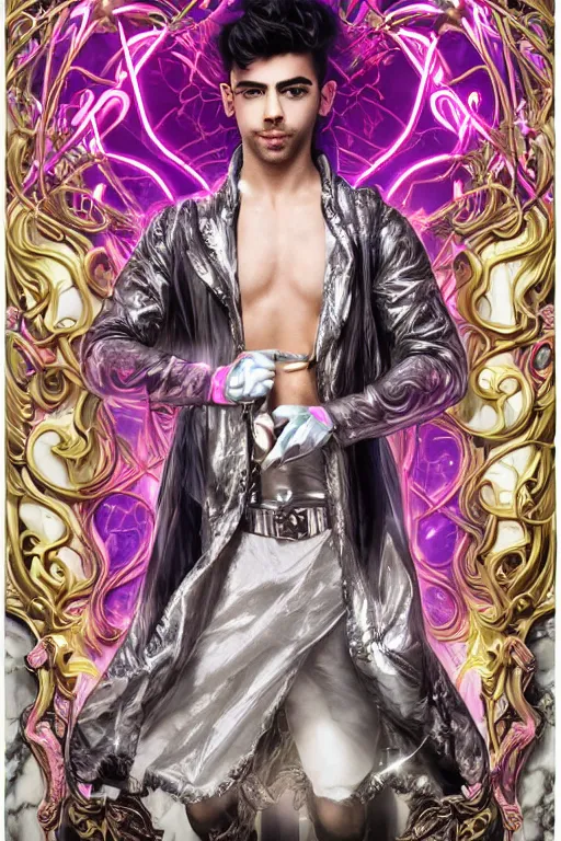 Prompt: full-body neon marble bladerunner and baroque style sculpture of a muscular handsome Joe Jonas prince wearing thick 3D glasses as a half android with a porcelain chest, wearing a thin plastic hooded cloak, electric sparks, crown of giant diamonds, sparkling laserbeams, pink and white neon tigers, baroque elements. full-length view. baroque element. intricate artwork by caravaggio. Trending on artstation, octane render, cinematic lighting from the right, hyper realism, octane render, 8k, depth of field, 3D