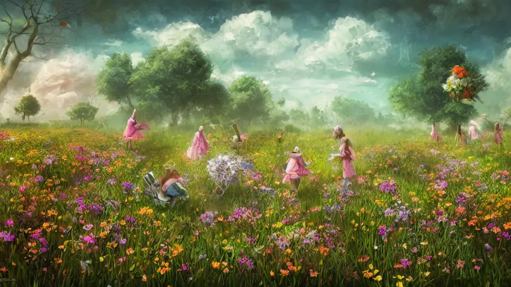 Image similar to a tea party in a field of flowers that ravages the landscape of an ancient civilization. by Ciryl Rolando, hyperrealistic illustration, digital art, studio lightning, art station