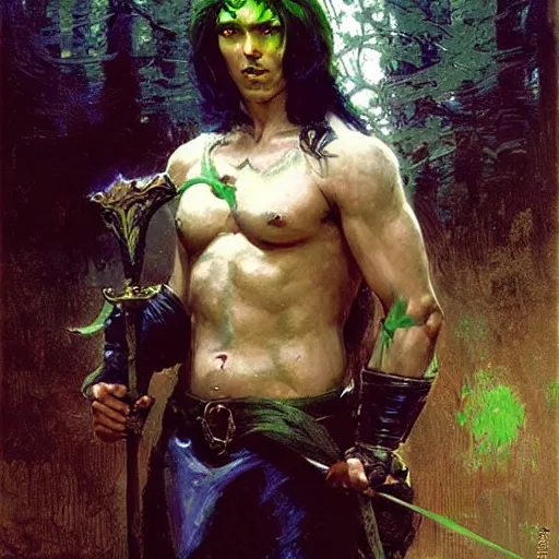 Prompt: medieval, attractive long dark haired elf male with green skin, character design, armor, painting by greg rutkowski gaston bussiere, craig mullins, j. c. leyendecker, tom of finland