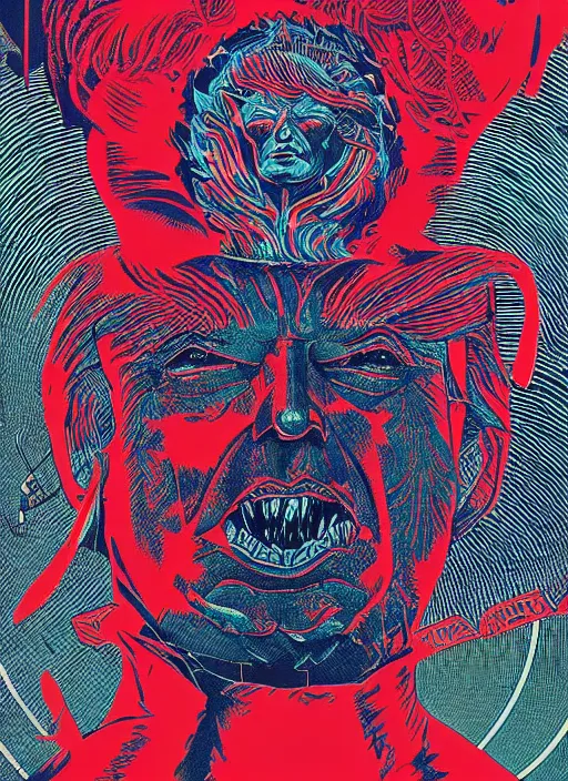 Image similar to risograph of donald trump's grotesque true form revealed, horror, high details, intricate details, by vincent di fate, artgerm julie bell beeple, 1 9 8 0 s, inking, vintage 8 0 s print, screen print