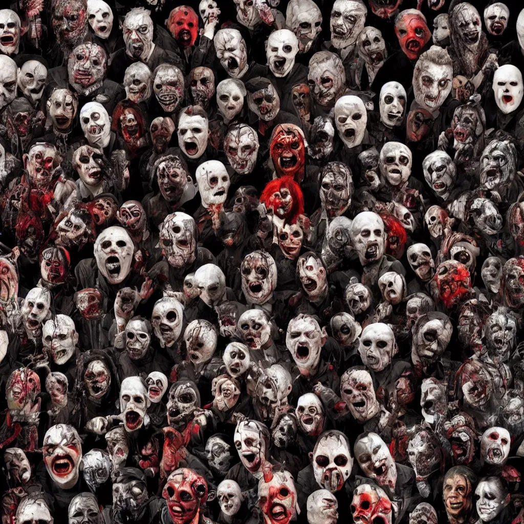 Prompt: a mosaic of terrifying faces, perfect gridlines, slipknot, horror theme, horror lighting, beautiful render, photorealistic, 4 k, rtx, highly detailed, highly detailed faces