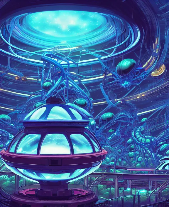 Image similar to a roller coaster made out of alien creatures, biological, in the style of a round spaceship, surrounded by auras, by dan mumford, yusuke murata, makoto shinkai, ross tran, cinematic, unreal engine, cel shaded, featured on artstation, pixiv