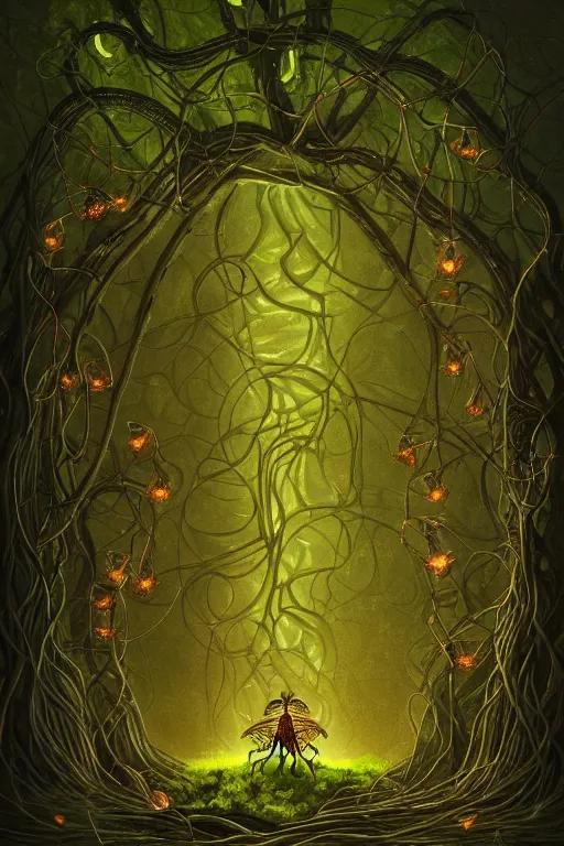 Image similar to a beautiful digital illustration painting of a detailed gothic fantasy fireflies and roots, throne and vines by giorgio de chirico, and david rios ferreira. 8 k resolution trending on artstation concept art digital illustration