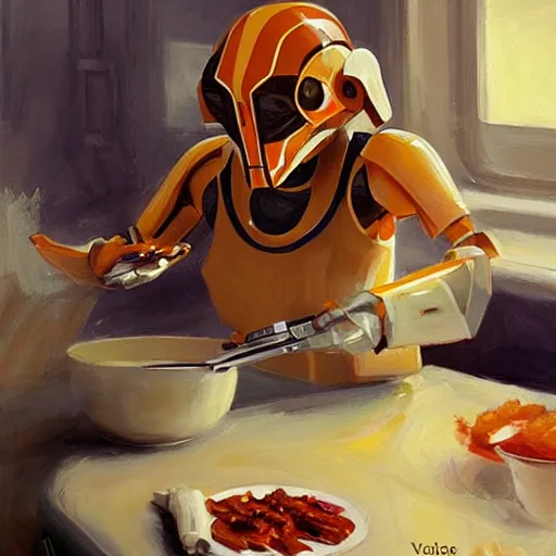 Image similar to Star wars battle droid making breakfast, painting by Vladimir Volegov