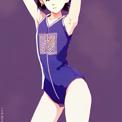 Image similar to a beautiful boyish japanese emma watson alluring instagram model, wearing elegant japanese hiphop leotard outfit with subtle mayan patterns and native fashion, aztec street fashion bathing suit, jrpg fashion, gapmoe yandere grimdark, trending on pixiv fanbox, painted by greg rutkowski makoto shinkai takashi takeuchi studio ghibli, akihiko yoshida