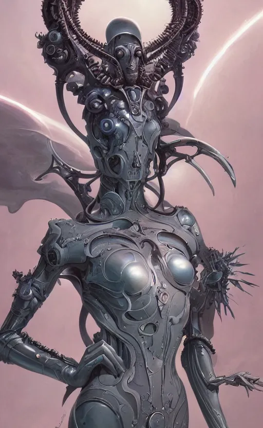 Image similar to Full lengh of a cyborg gothic goddess by Wayne Barlowe and Peter Mohrbacher, detailed, sharp, digital art, trending on Artstation