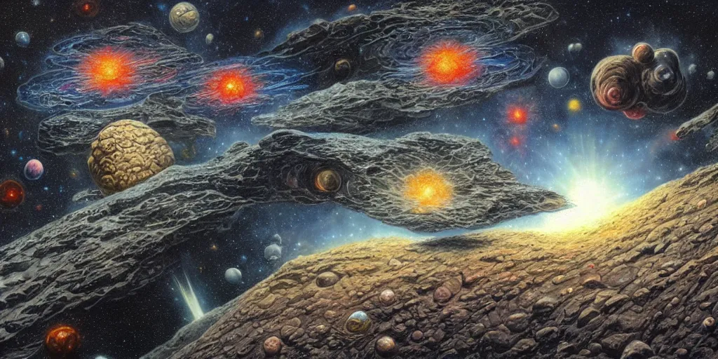 Prompt: etherial asteroid belt in deep space, symmetrical, detailed, by dan seagrave art and moebius