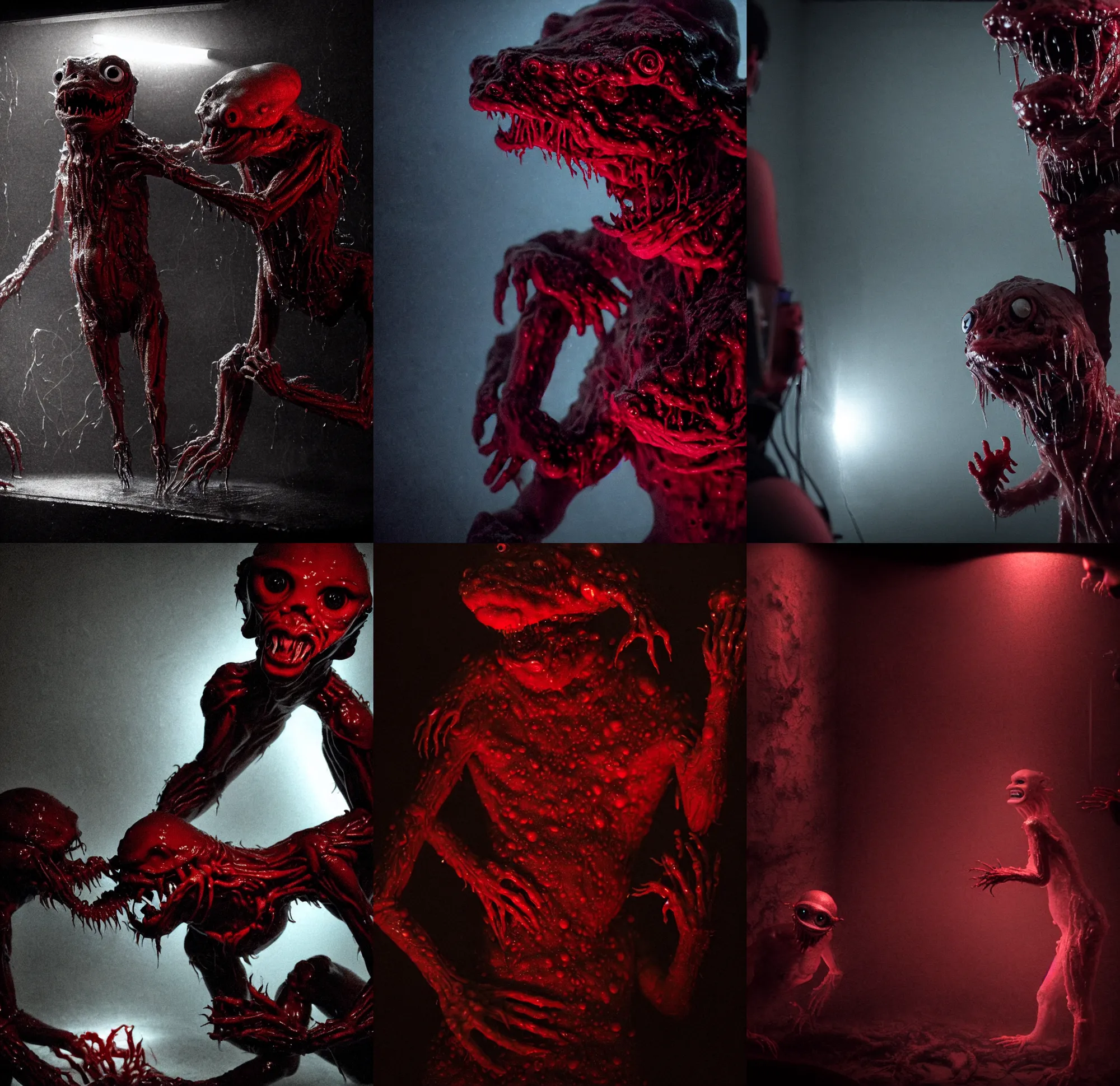 Prompt: a full body wet skin creature under stage light, crawling humanoid monsters, smile face,, labcoats, sci - fi equipment, saliva, membrane pregnancy sac, respiratory flap, super realism, claws, octane rendering, cinematic light. medium shot, 2 4 mm, david fincher, james wan, gritty, moody, eerie, dark arts, red glowing eyes.