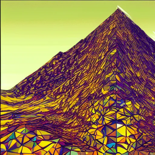 Image similar to glitch art acid trip, fractal geometry mountain vista