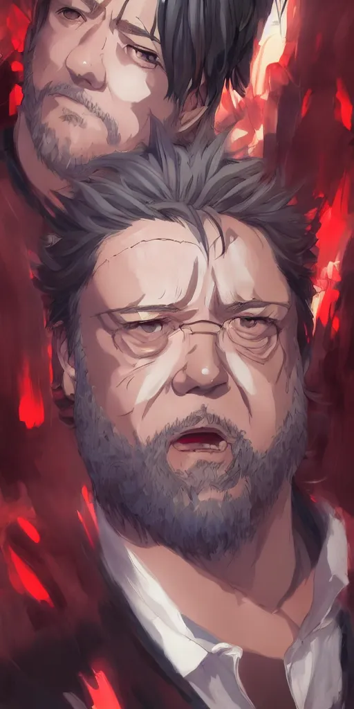 Image similar to anime portrait of Russell Crowe as an anime man by Stanley Artgerm Lau, WLOP, Rossdraws, James Jean, Andrei Riabovitchev, Marc Simonetti, and Sakimichan, trending on artstation